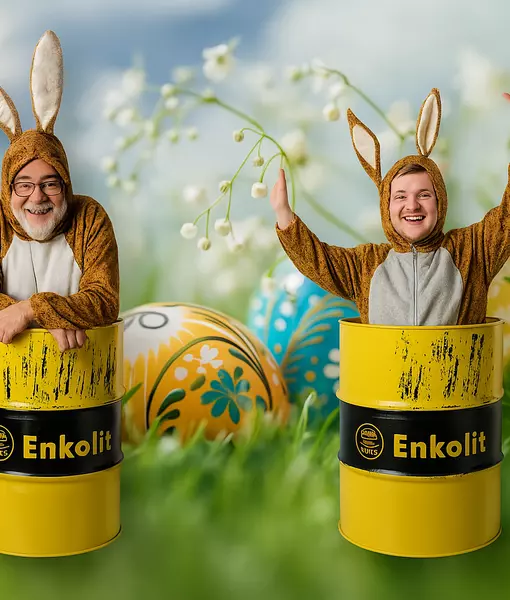 Enke Geschäftsführung als Osterhasen in Enkolit-Gebinden